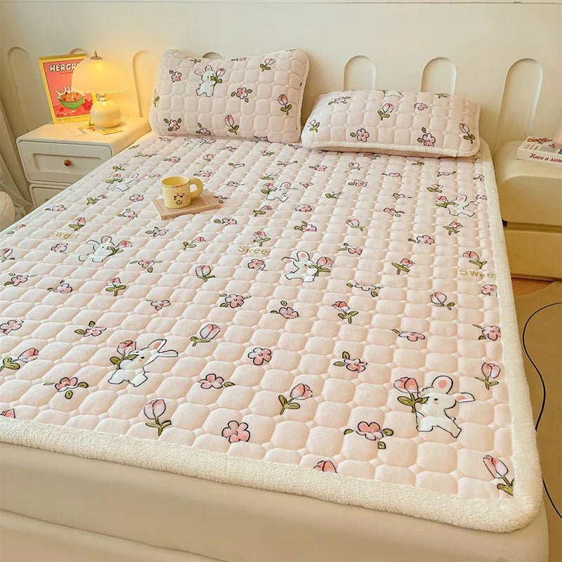 SaneShoppe - A - Class Milk Velvet Printed Mattress Topper Cartoon Thickened Warm Quilted Non - Slip Mat Student Dorm Cushion for All Seasons