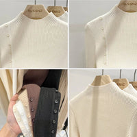 SaneShoppe-2025 Autumn Winter Women's Turtleneck Pullover - Solid Color Slim Fit Button Sweater
