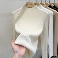 SaneShoppe-2025 Autumn Winter Women's Turtleneck Pullover - Solid Color Slim Fit Button Sweater