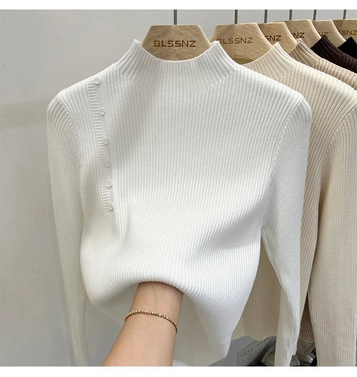SaneShoppe-2025 Autumn Winter Women's Turtleneck Pullover - Solid Color Slim Fit Button Sweater