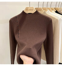 SaneShoppe-2025 Autumn Winter Women's Turtleneck Pullover - Solid Color Slim Fit Button Sweater