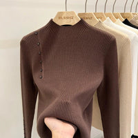 SaneShoppe-2025 Autumn Winter Women's Turtleneck Pullover - Solid Color Slim Fit Button Sweater