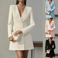 SaneShoppe - Autumn Double Breasted Solid Color V - Neck Office Suit French Long Sleeved Elegant Slim Fit Blazer Dress for Woman