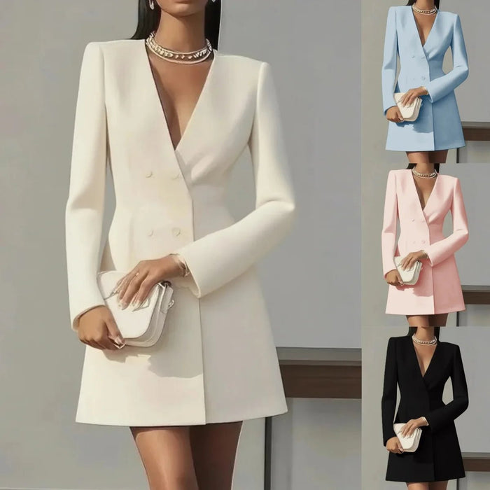 SaneShoppe - Autumn Double Breasted Solid Color V - Neck Office Suit French Long Sleeved Elegant Slim Fit Blazer Dress for Woman