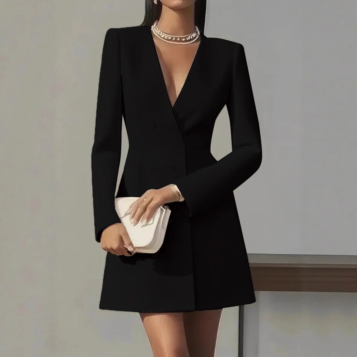 SaneShoppe - Autumn Double Breasted Solid Color V - Neck Office Suit French Long Sleeved Elegant Slim Fit Blazer Dress for Woman
