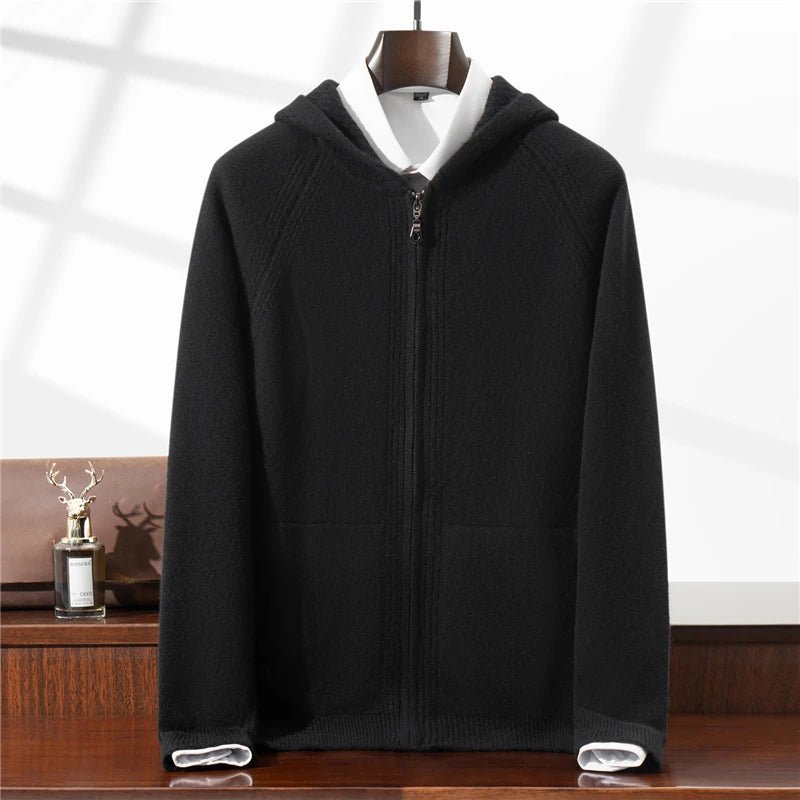 SaneShoppe - Autumn Winter New 100% Pure Wool Cardigan Men Hooded Thickened Pocket Sweater Loose Knitted Hoodie Cashmere Coat