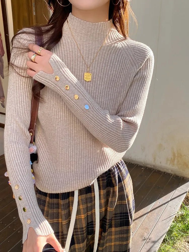 SaneShoppe - Autumn Winter Sweater Women Pullovers Long Sleeve Tops Clothes Slim Knit Soft Jumper Streetwear Button Turtleneck Sweater