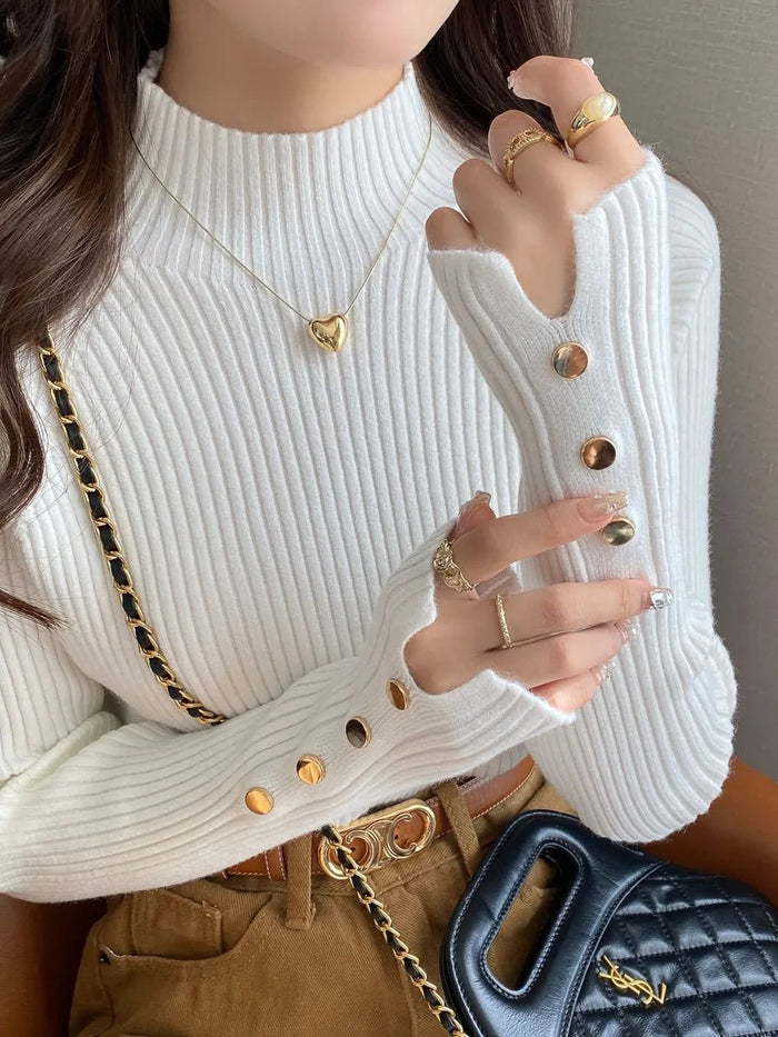 SaneShoppe - Autumn Winter Sweater Women Pullovers Long Sleeve Tops Clothes Slim Knit Soft Jumper Streetwear Button Turtleneck Sweater