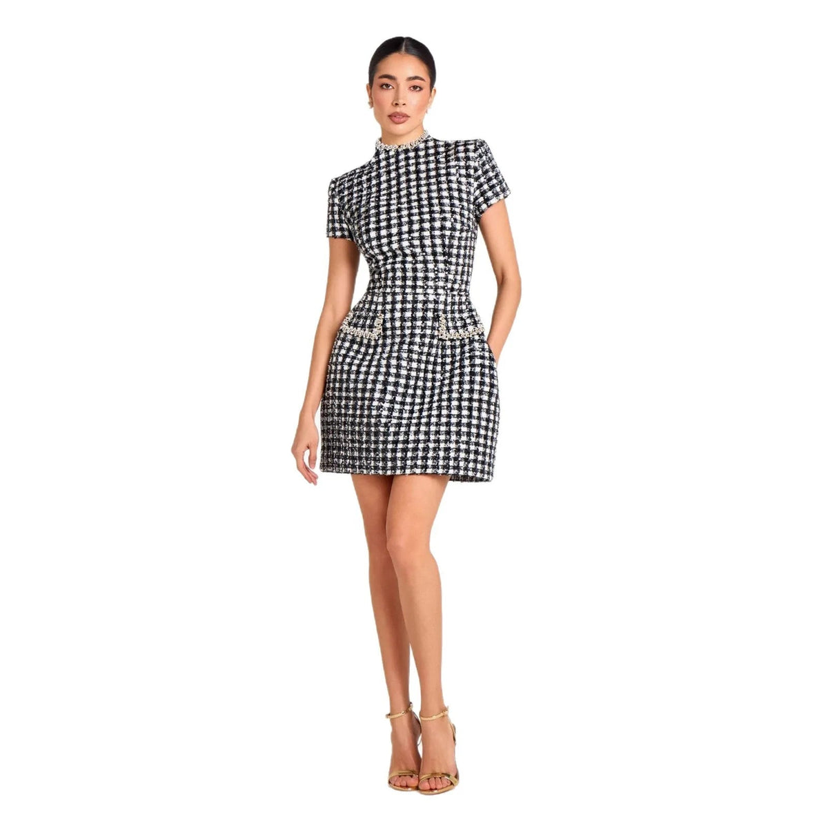 SaneShoppe - Black And White Plaid Slim Mini Dresses Women Temperament Elegant Bodycon Party Banquet Short Dress Lady Short Sleeves Vestidos