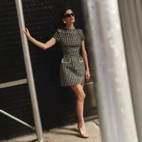SaneShoppe - Black And White Plaid Slim Mini Dresses Women Temperament Elegant Bodycon Party Banquet Short Dress Lady Short Sleeves Vestidos