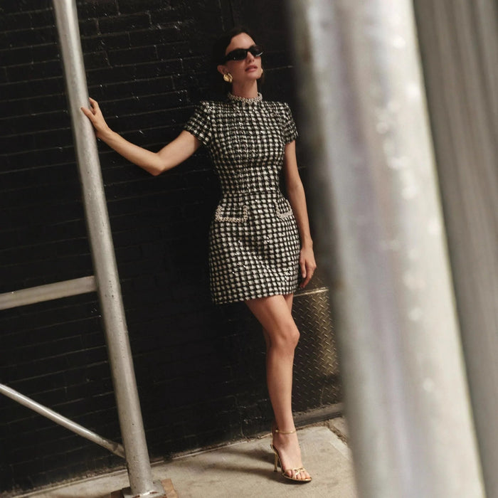 SaneShoppe - Black And White Plaid Slim Mini Dresses Women Temperament Elegant Bodycon Party Banquet Short Dress Lady Short Sleeves Vestidos