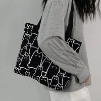 SaneShoppe - Canvas Bags Handbag for Women Shopper Cute Cat Tote Bag with Zipper Designer Bag Japanese Style Cartoon Small Shoulder