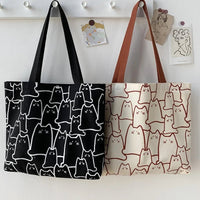 SaneShoppe - Canvas Bags Handbag for Women Shopper Cute Cat Tote Bag with Zipper Designer Bag Japanese Style Cartoon Small Shoulder
