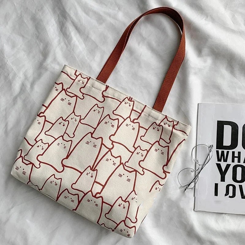 SaneShoppe - Canvas Bags Handbag for Women Shopper Cute Cat Tote Bag with Zipper Designer Bag Japanese Style Cartoon Small Shoulder