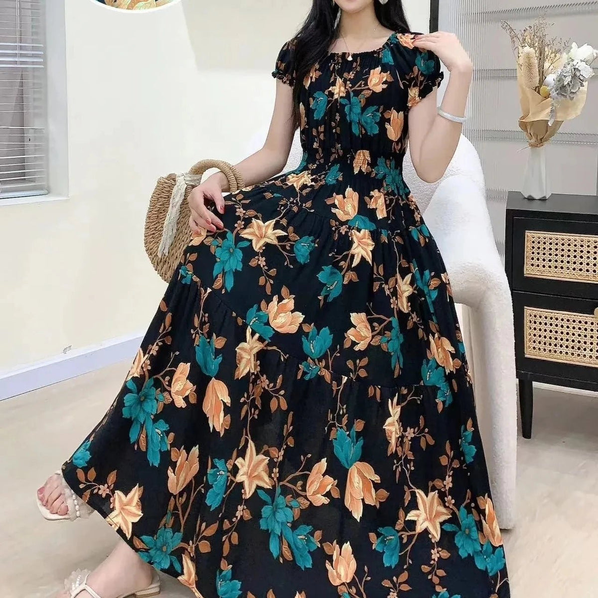 SaneShoppe-2025 Women's High Waist Printed Bohemian Floral Cotton Dress