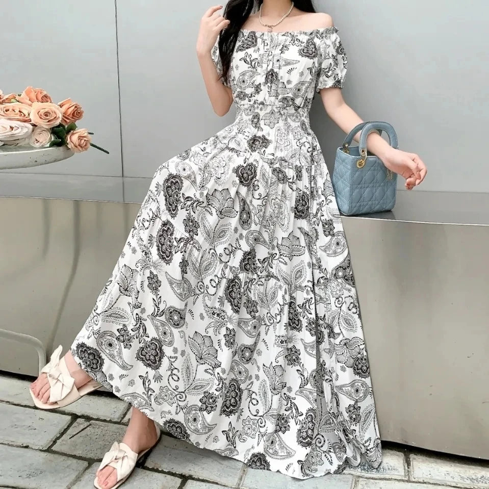 SaneShoppe-2025 Women's High Waist Printed Bohemian Floral Cotton Dress