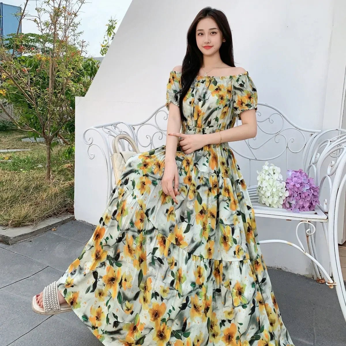 SaneShoppe-2025 Women's High Waist Printed Bohemian Floral Cotton Dress