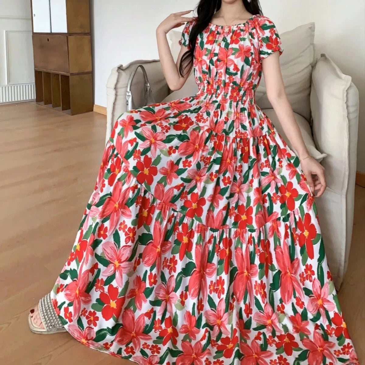 SaneShoppe-2025 Women's High Waist Printed Bohemian Floral Cotton Dress