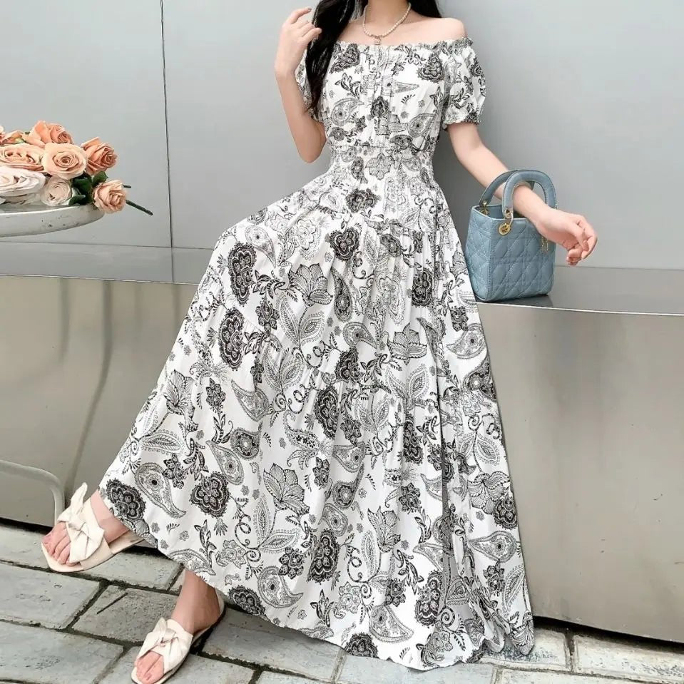 SaneShoppe-2025 Women's High Waist Printed Bohemian Floral Cotton Dress
