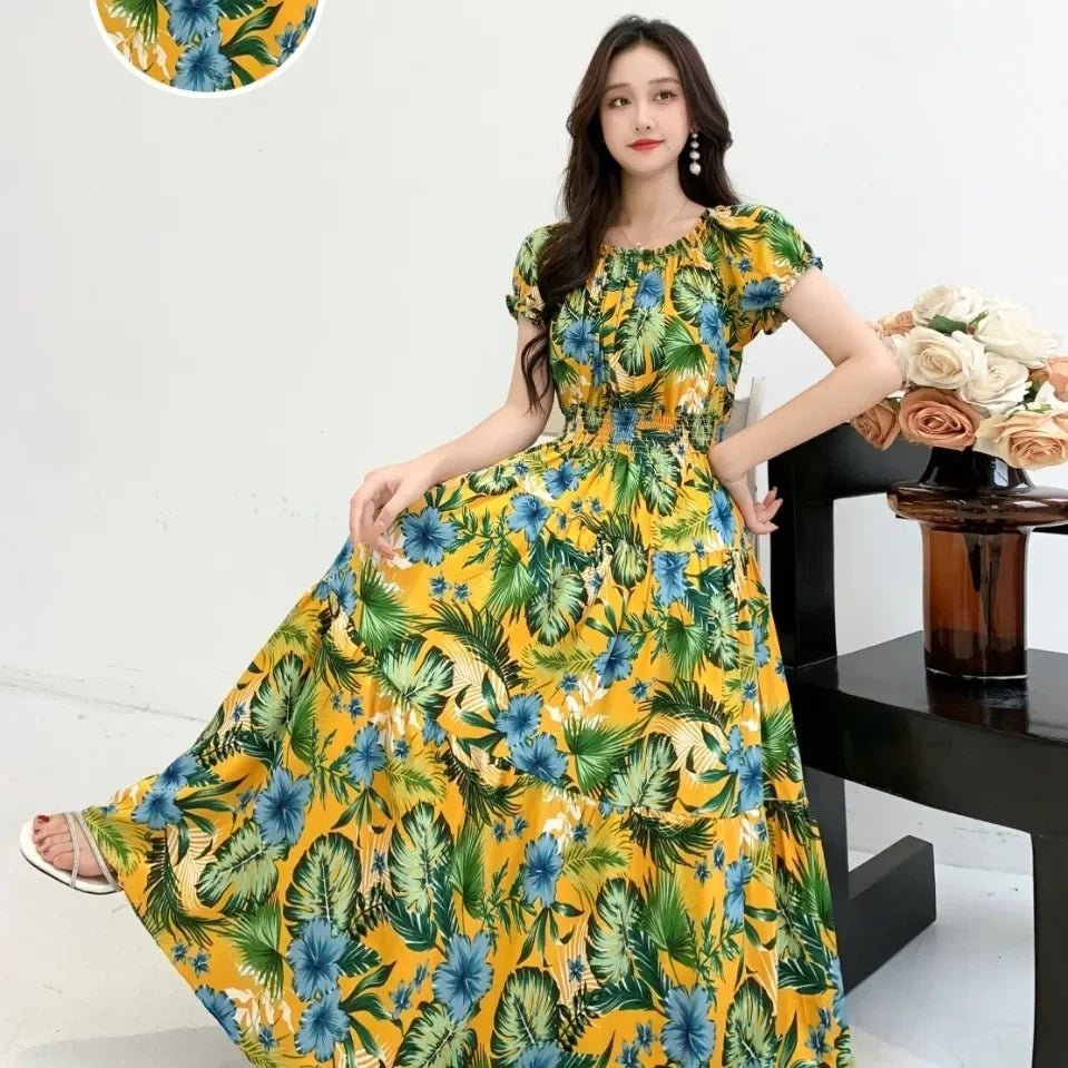 SaneShoppe-2025 Women's High Waist Printed Bohemian Floral Cotton Dress