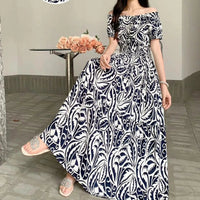 SaneShoppe-2025 Women's High Waist Printed Bohemian Floral Cotton Dress