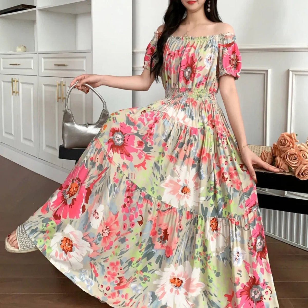 SaneShoppe-2025 Women's High Waist Printed Bohemian Floral Cotton Dress