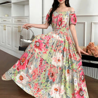 SaneShoppe-2025 Women's High Waist Printed Bohemian Floral Cotton Dress
