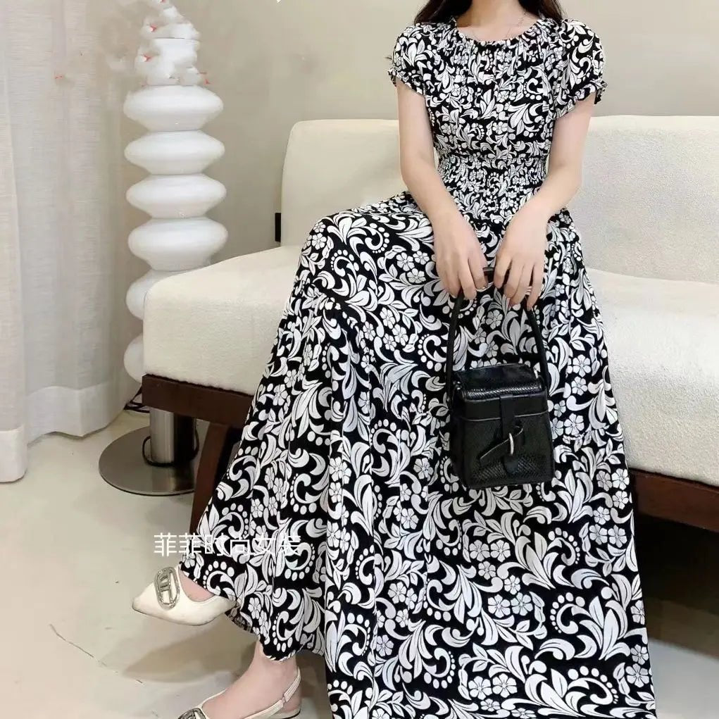 SaneShoppe-2025 Women's High Waist Printed Bohemian Floral Cotton Dress