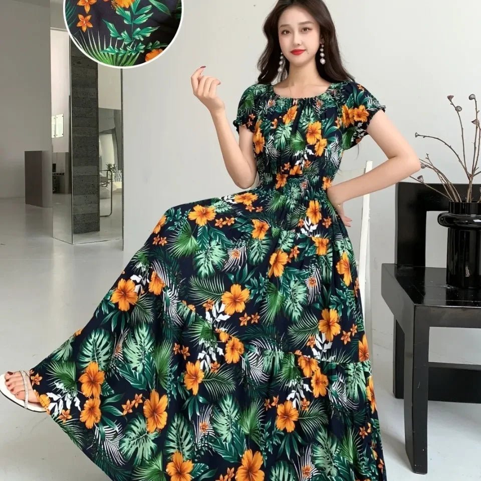 SaneShoppe-2025 Women's High Waist Printed Bohemian Floral Cotton Dress