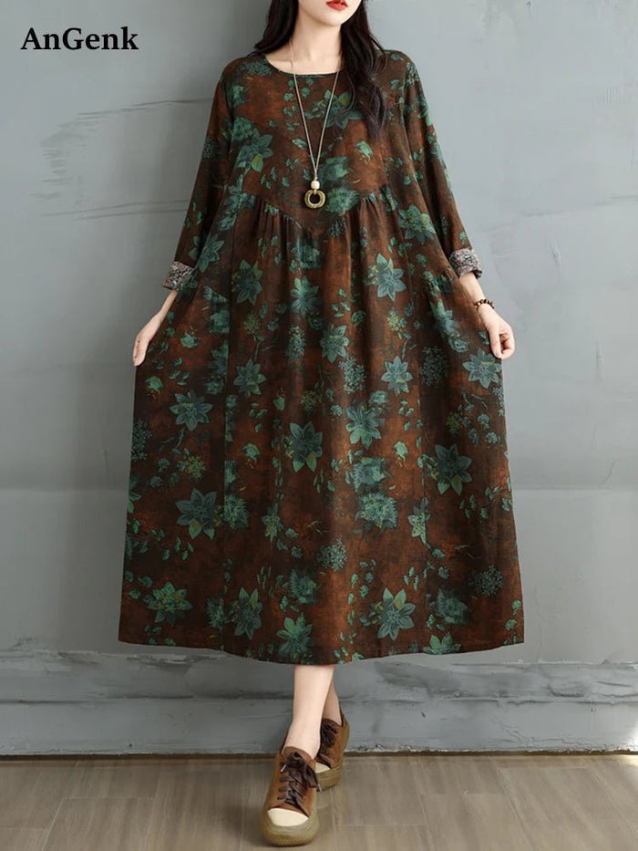 SaneShoppe-Elegant Floral Print Vintage Dress for Women Spring Autumn 2025