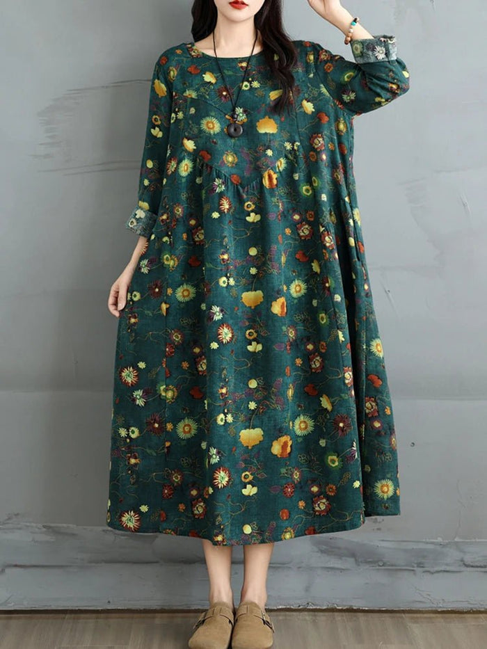 SaneShoppe-Elegant Floral Print Vintage Dress for Women Spring Autumn 2025