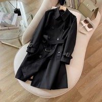 SaneShoppe-Classic Black Belted Mid-Length Coat with British Style Organic Cotton Blend