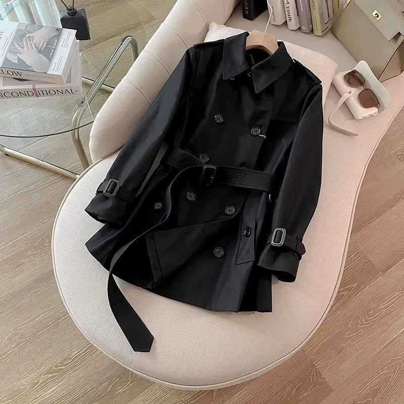 SaneShoppe-Classic Black Belted Mid-Length Coat with British Style Organic Cotton Blend