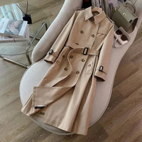 SaneShoppe-Khaki Double-Breasted Women's Overcoat, British Style, Organic Cotton, Regular Fit