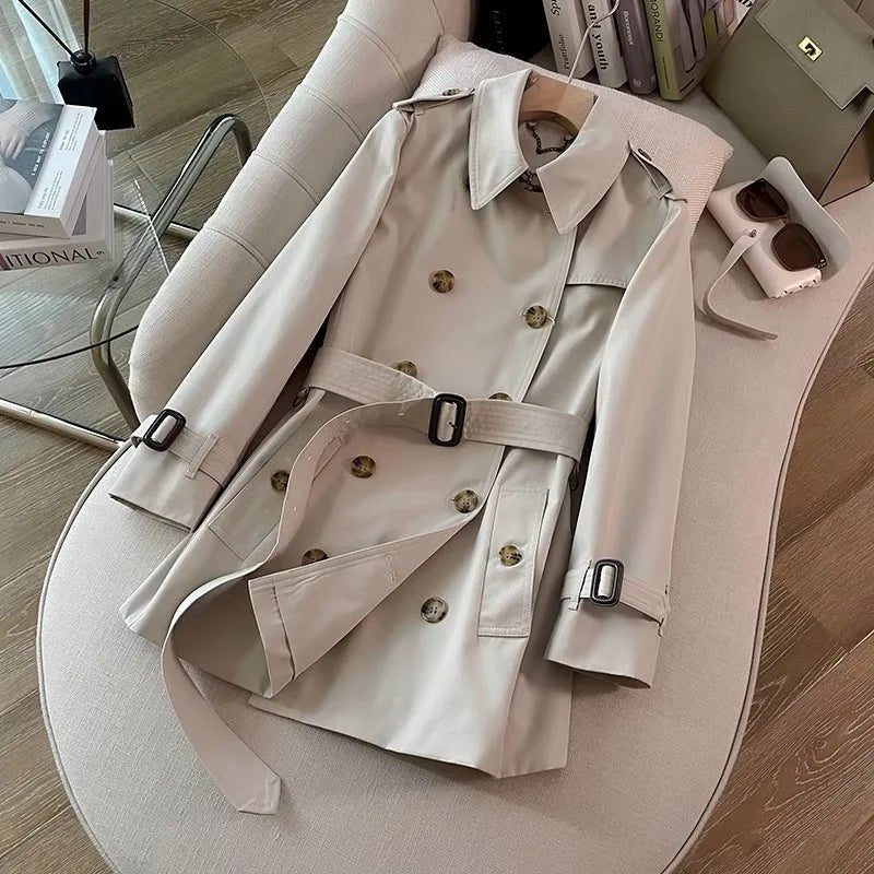 SaneShoppe-Khaki Double-Breasted Women's Overcoat, British Style, Organic Cotton, Regular Fit