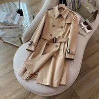 SaneShoppe-Khaki Double-Breasted Women's Overcoat, British Style, Organic Cotton, Regular Fit