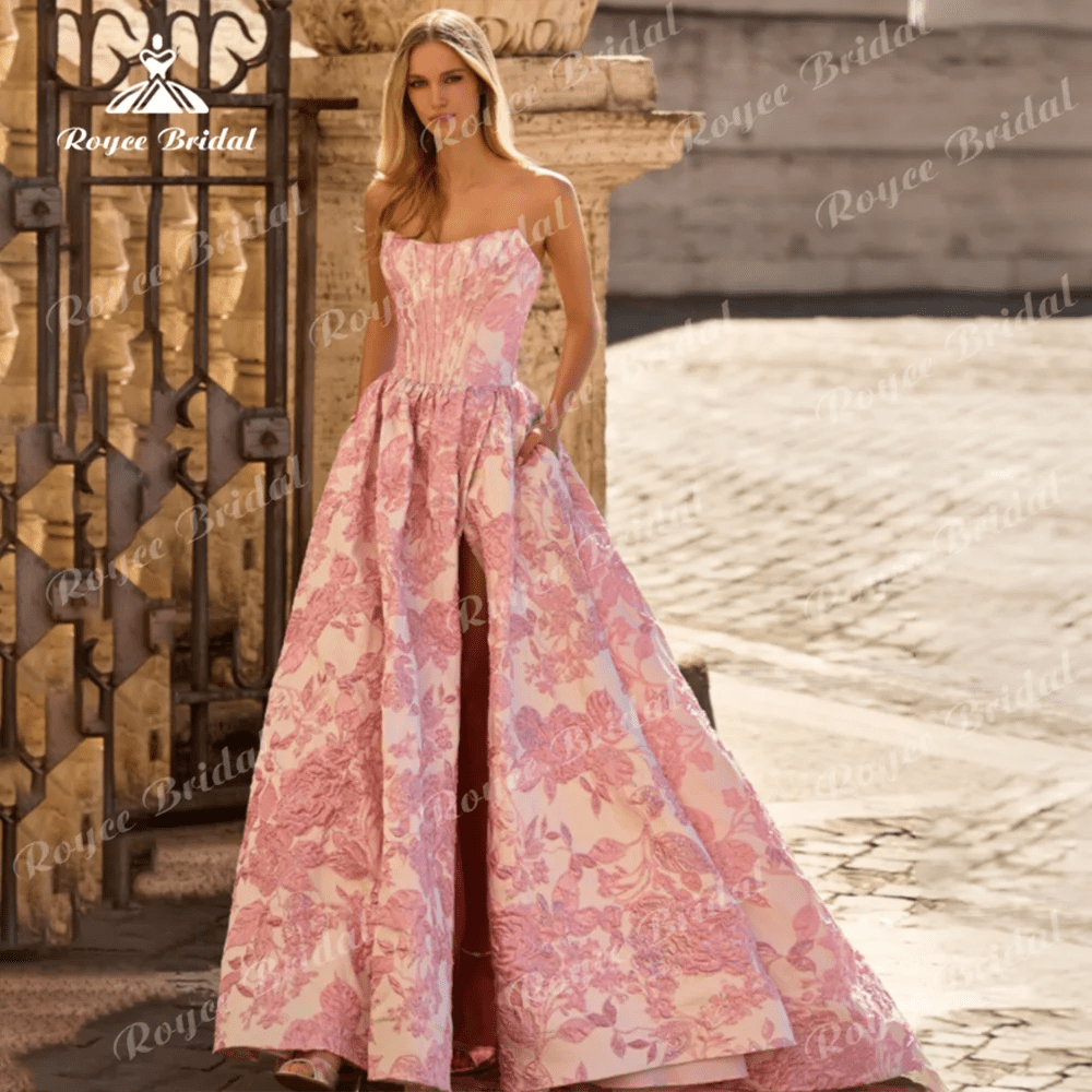SaneShoppe-Customized Satin Floral Applique Evening Dress | Elegant Strapless Prom Gown
