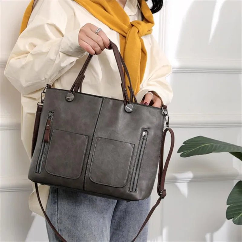 SaneShoppe - Europe America Retro Leather Handbag Shoulder Bag, Two Pocket Zipper Tote Bag, Classic Crossbody Bags for Women Work Business