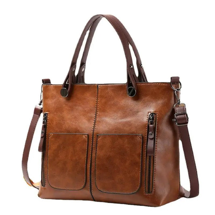 SaneShoppe - Europe America Retro Leather Handbag Shoulder Bag, Two Pocket Zipper Tote Bag, Classic Crossbody Bags for Women Work Business