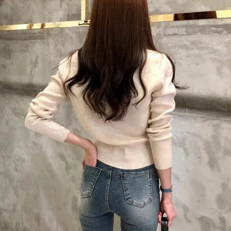 SaneShoppe-Autumn Korea Women's Cardigan Knitted Coat - Chic Single Breasted Slim Fit Top