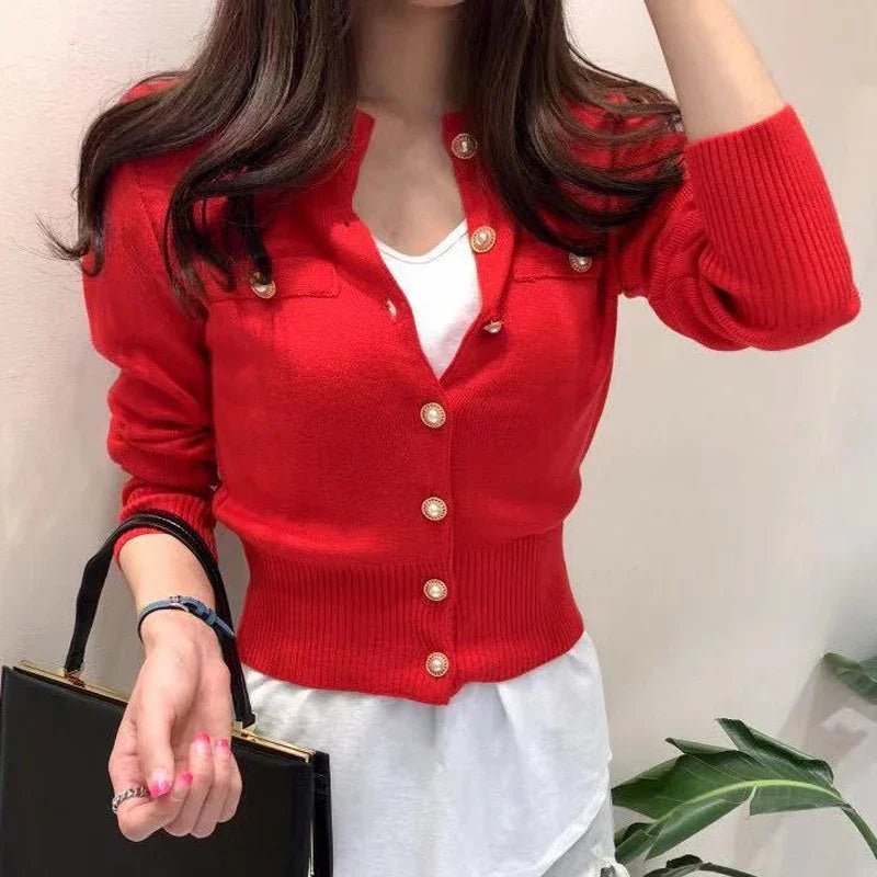 SaneShoppe-Autumn Korea Women's Cardigan Knitted Coat - Chic Single Breasted Slim Fit Top