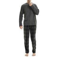 Fluffy Men's Fleece Pajama Set, Thermal Pyjamas in Grey Check.