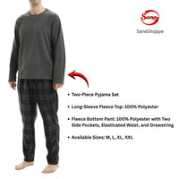Fluffy Men's Fleece Pajama Set, Thermal Pyjamas in Grey Check.
