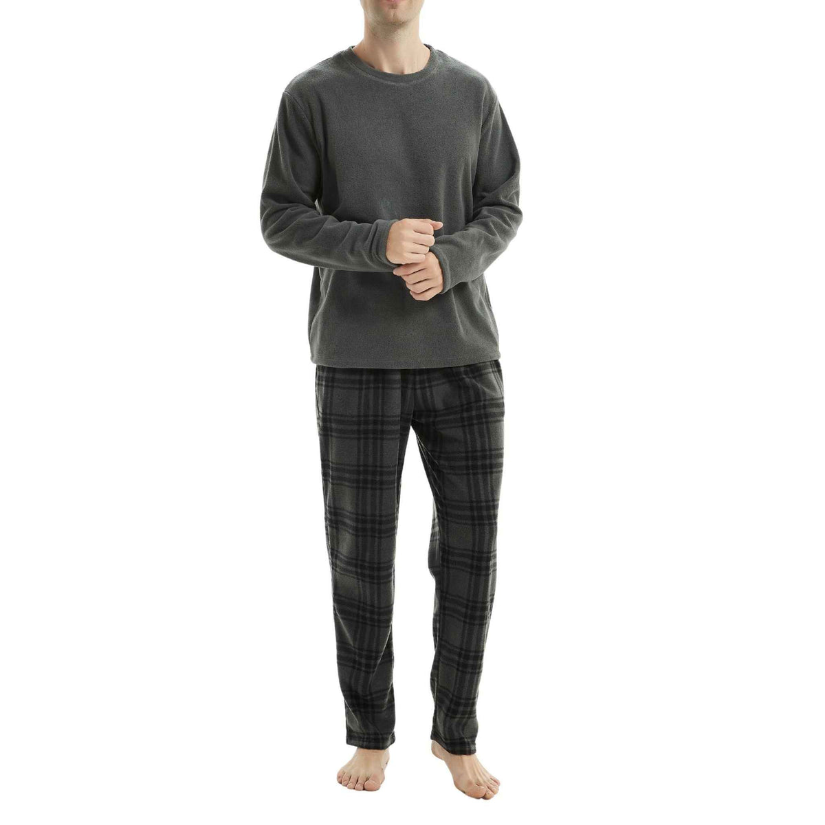 Fluffy Men's Fleece Pajama Set, Thermal Pyjamas in Grey Check.