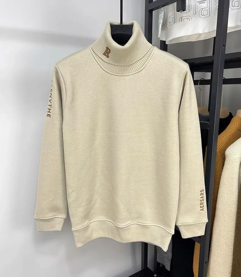SaneShoppe - High end brand trend letter embroidery knitted sweater men's autumn winter new plush thickened casual warm high collar pullover