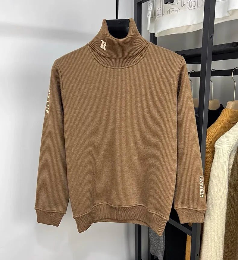 SaneShoppe - High end brand trend letter embroidery knitted sweater men's autumn winter new plush thickened casual warm high collar pullover