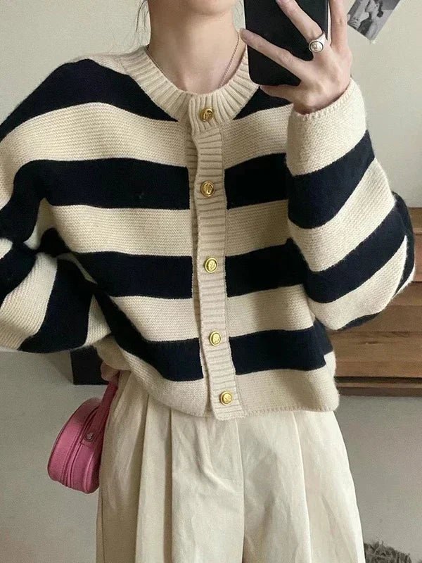 SaneShoppe-Korean Striped Sweater Cardigan Women's Fashion Autumn Winter Casual Tops