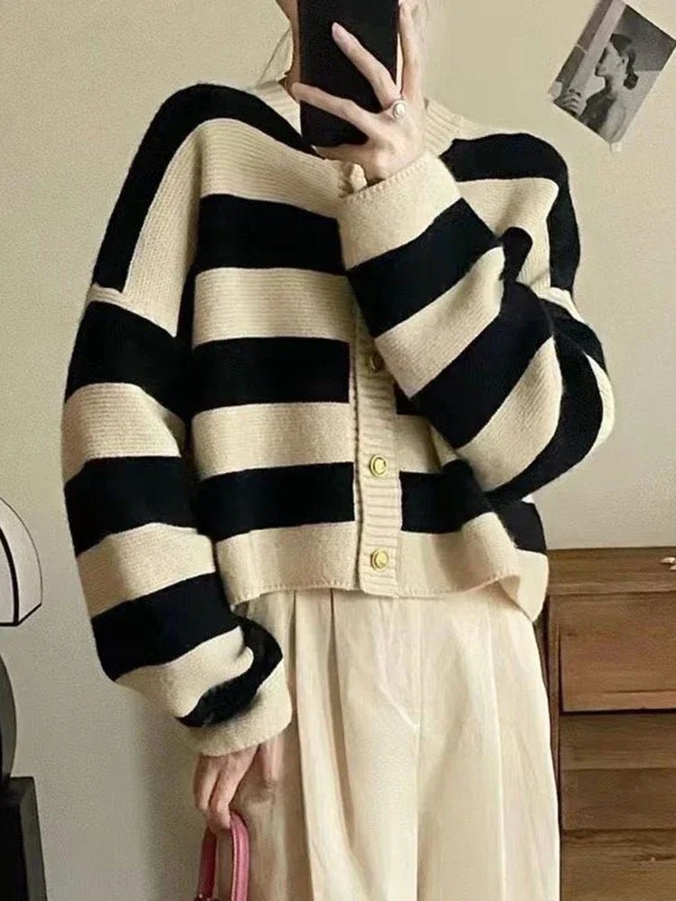 SaneShoppe-Korean Striped Sweater Cardigan Women's Fashion Autumn Winter Casual Tops