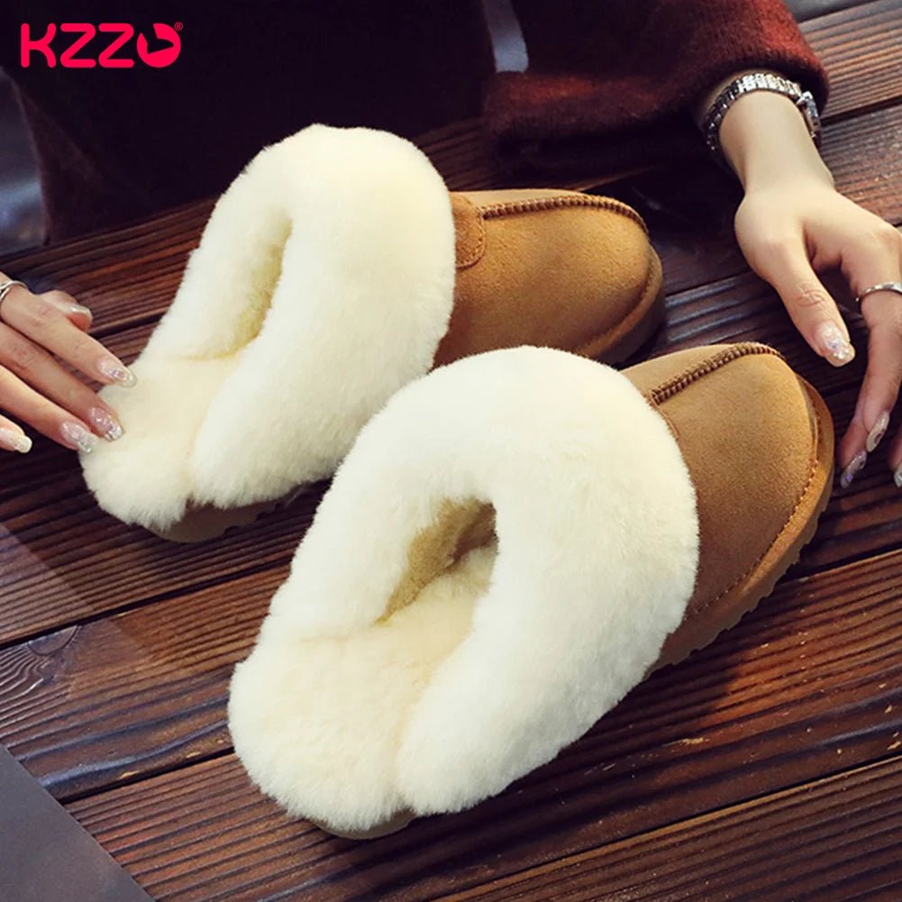SaneShoppe - KZZO Fashion Natural Sheepskin Leather Slippers For Men Winter Warm Indoor Fur Slippers Soft Wool Lady Home Shoes Non - slip
