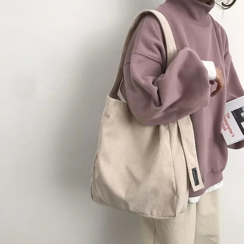 SaneShoppe - Large Corduroy Shoulder Shopper Bag for Women Cotton Cloth Fashion Canvas Tote Shopping Bags Woman Handbags Reusable Travel Bags